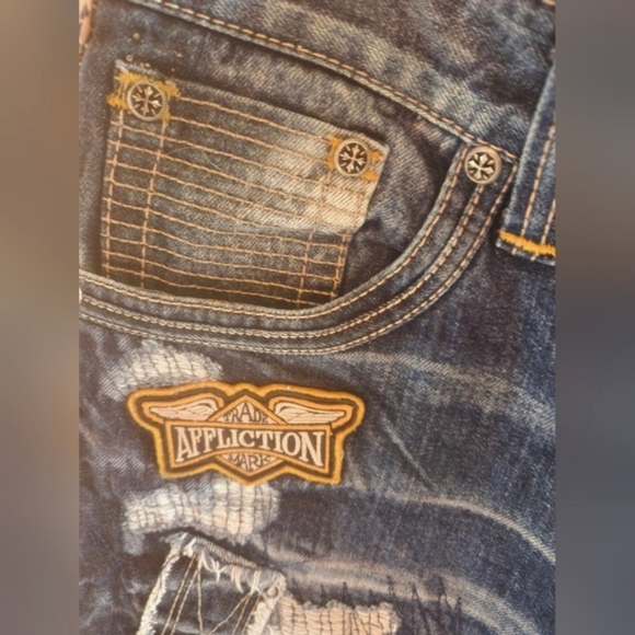 AFFLICTION Flapover BLAKE Black Premium Distressed Patches Y2k Denim Jeans 36 EC - Picture 5 of 16